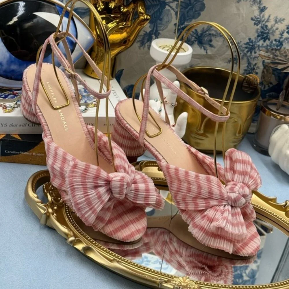 🆕 LOEFFLER RANDALL 🧿 NWOT Dahlia Soft Pink Gingham Pleated Bow Heel, Sz 7 - Picture 1 of 15